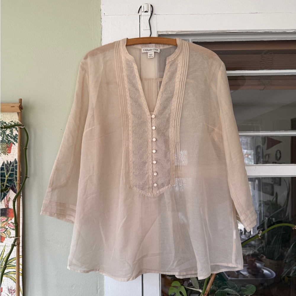 Coldwater Creek Sheer Ivory Tunic Blouse with Pearled Buttons
